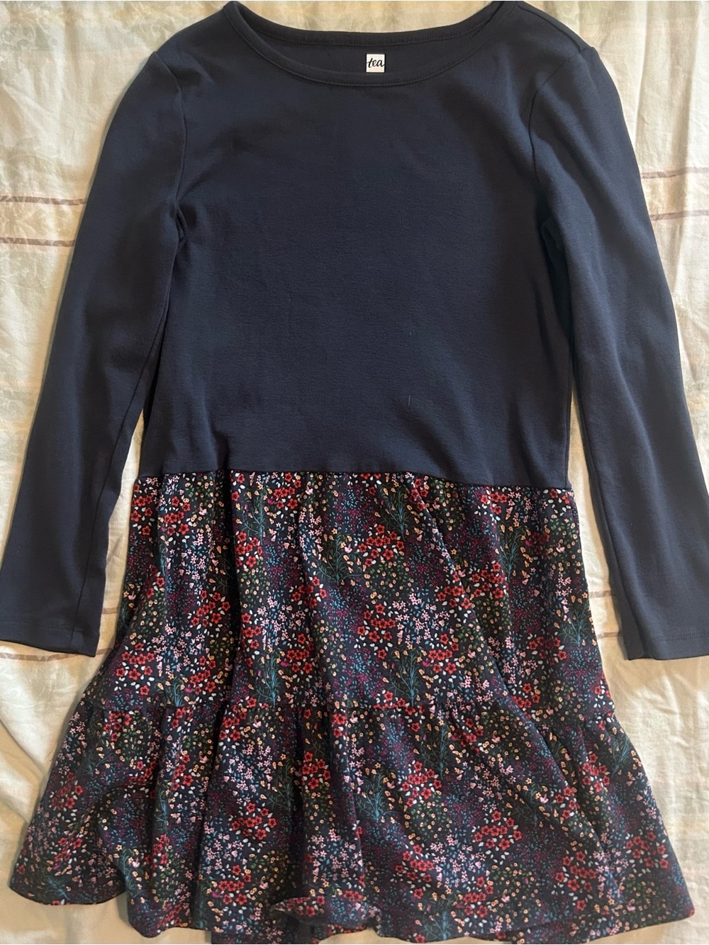 Tea Collection Kids Girls Navy Cotton Knit Top Floral Skirt Long-Sleeve Dress 10